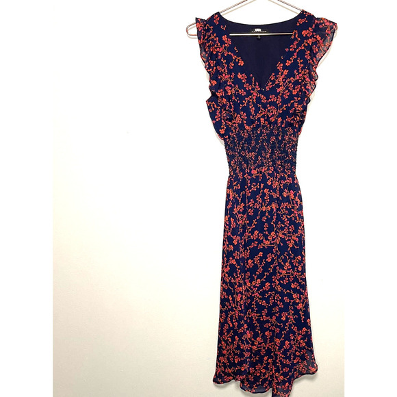 Slate & Willow Navy Smocked Waist Red Orange Printed Florals Dress Size XS - Picture 5 of 15